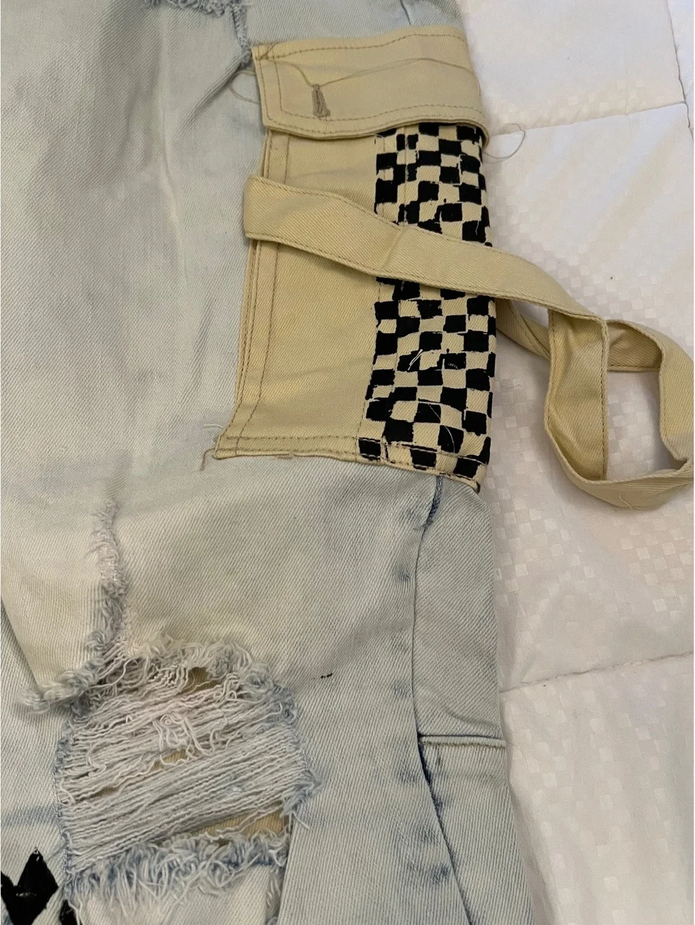 NEW SMOKE RISES 48” x 32” Acid washed distressed graffiti pockets writing jeans
